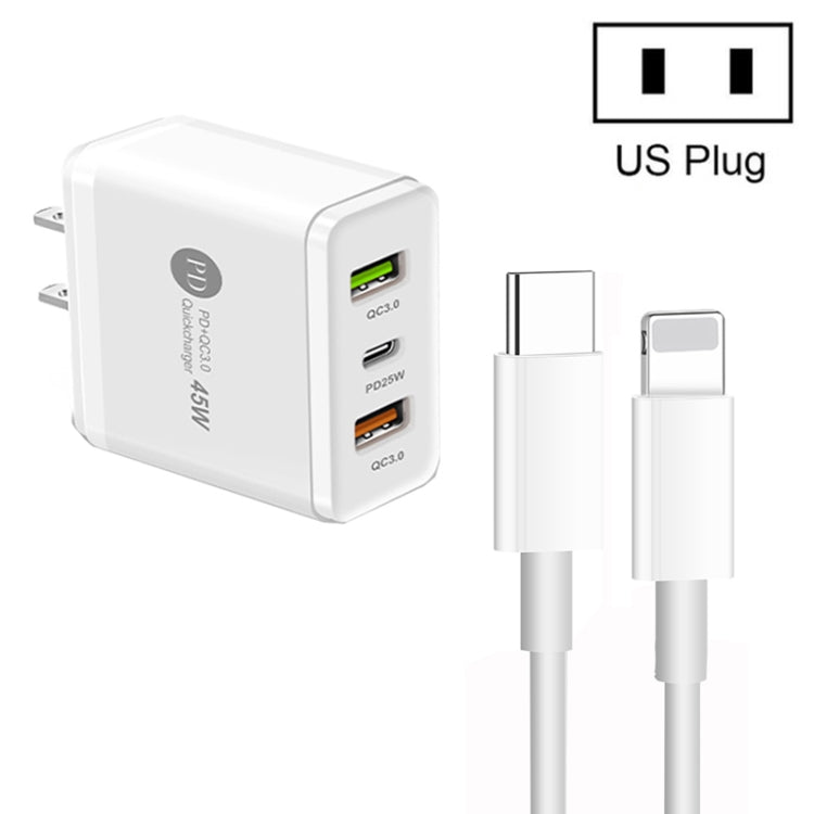 45W PD3.0 + 2 x QC3.0 USB Multi Port Charger with Type-C to 8 Pin Cable, US Plug, US Plug + Type-C to 8 Pin Cable